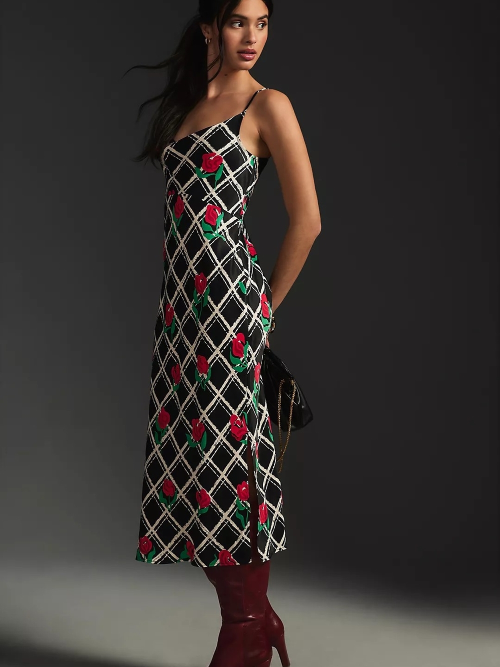 Anthropologie Elyse Black Midi Slip Dress with Red Roses and White Lattice